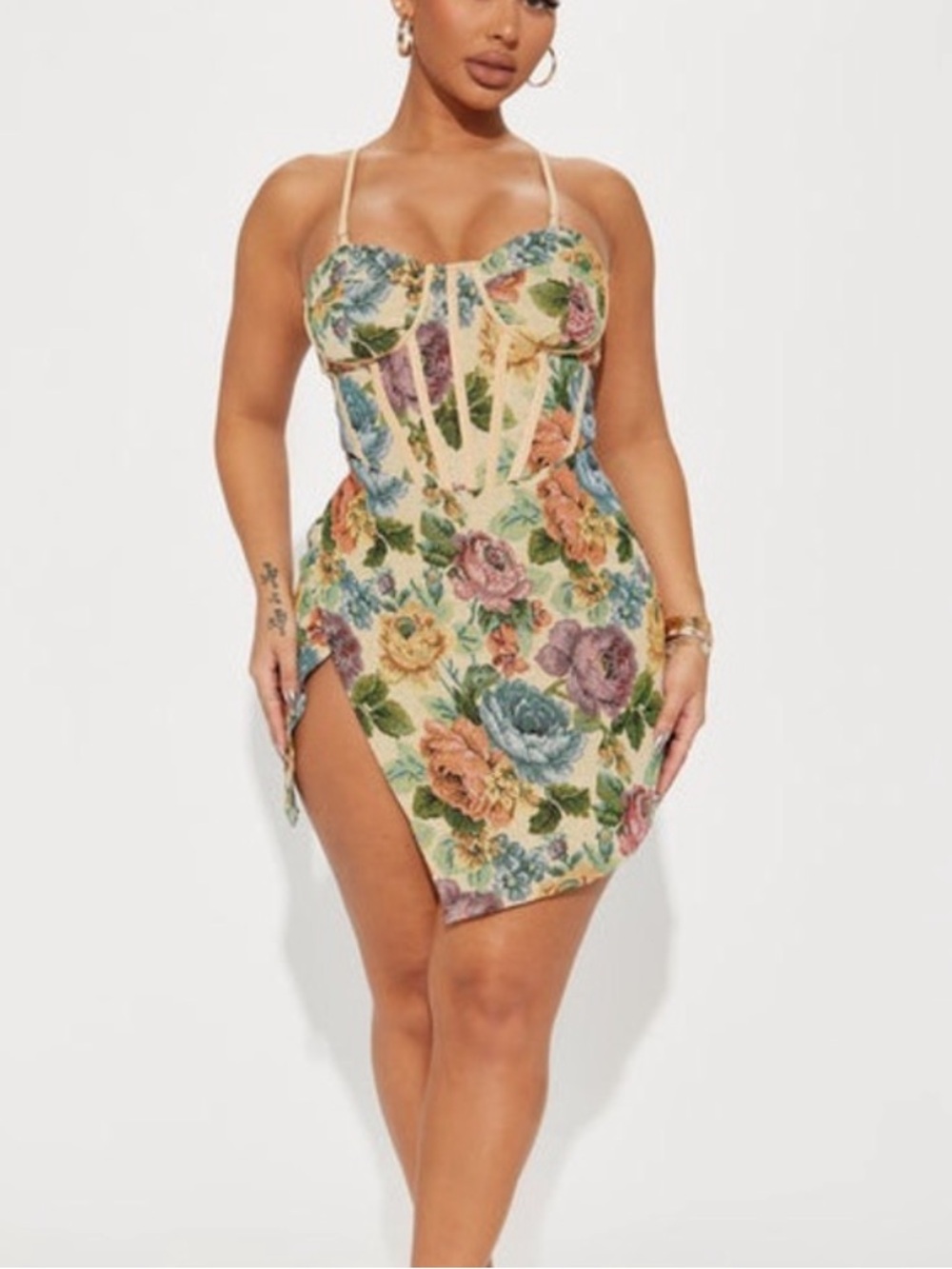 Fashion Nova Floral Print Corset Mini Dress - Taupe and‎ multicolor Dress